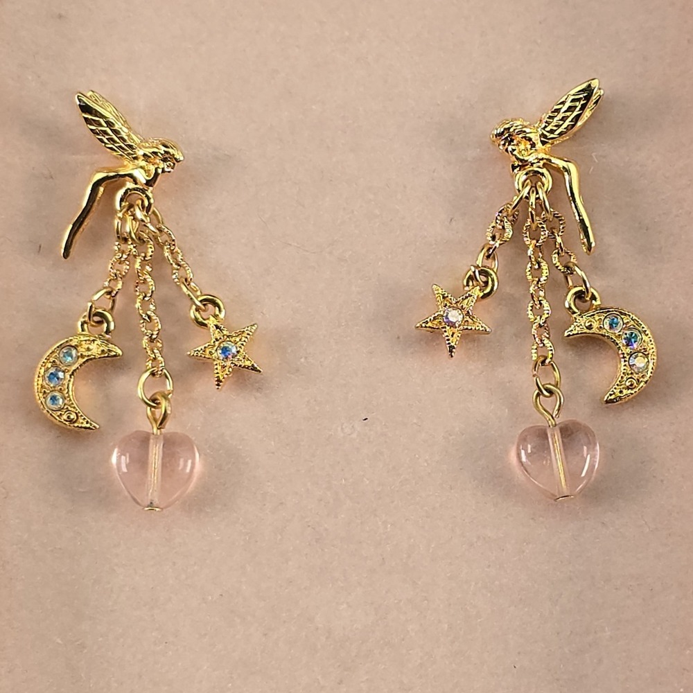 Kirks Folly Pixie Earrings Pink Heart Moon Star Dangle Gold Tone w Box